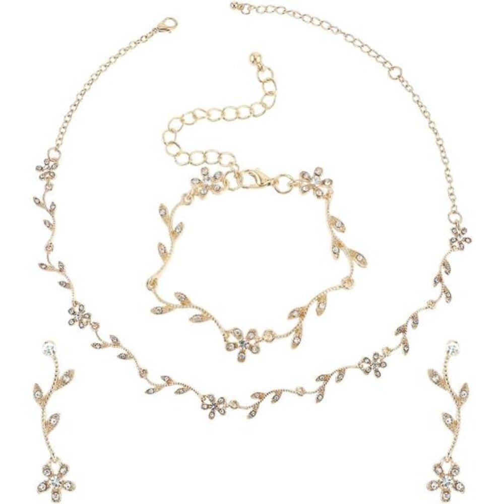 Gold Bridal Jewelry Set Crystal Necklace Earrings Bracelet Wedding Rhinestone